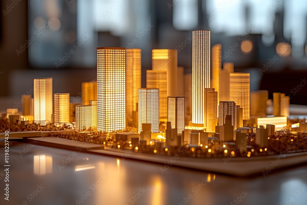 Poster luxury model of city high-rises with illuminated skyline depicting urban development progress : gene