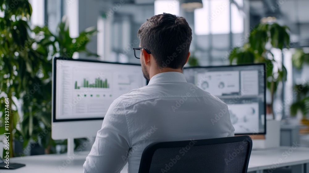 Poster focused business professional analyzing data on multiple computer screens in a bright modern office 