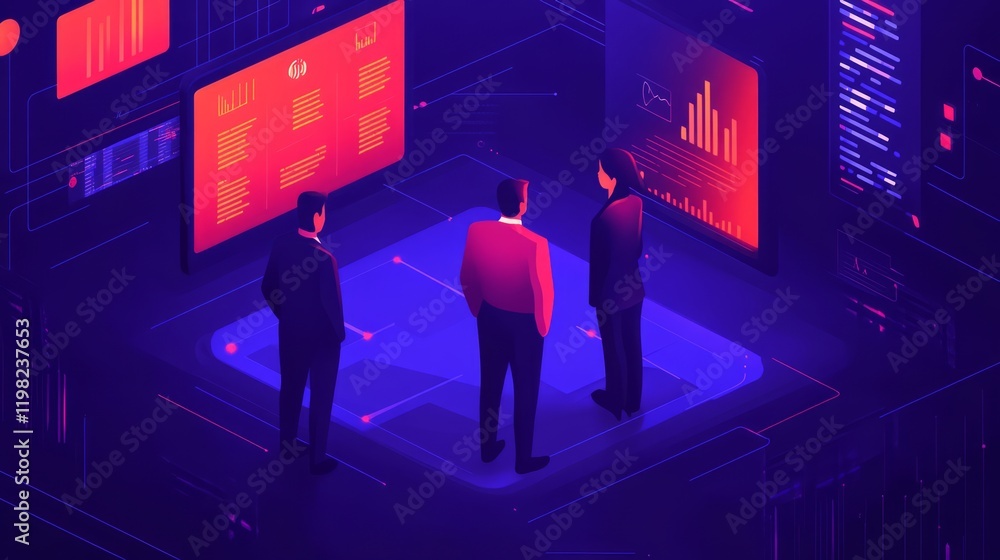 Poster business professionals analyzing data on digital displays in a futuristic office environment surroun