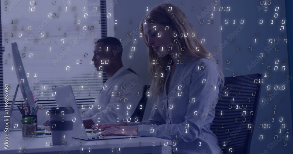 Poster image of binary coding data processing over diverse business people in office