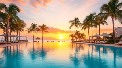 Fototapeta premium Serenity at Sunset: A Tranquil Poolside Oasis Surrounded by Palm Trees, Perfect for Relaxation and Leisure in a Tropical Paradise Setting