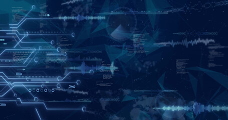 Image of circuit board and digital data processing over black background