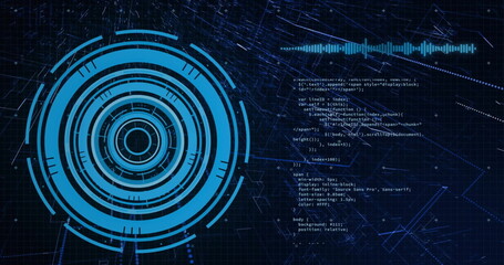 Image of binary coding and digital data processing over black background
