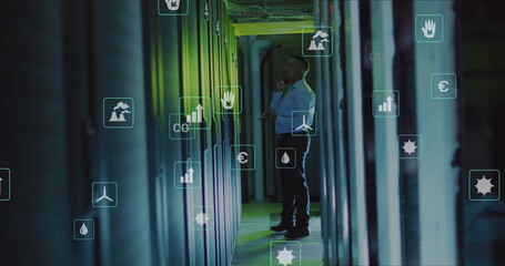 Image of binary coding and digital data processing over computer servers