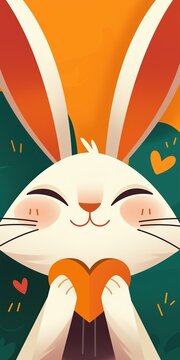 Cute Cartoon Bunny Holding Heart with Orange and Green Background Perfect for Mobile Wallpapers