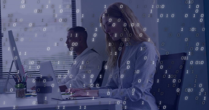 Image of binary coding data processing over diverse business people in office