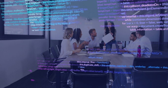 Image of financial data processing over diverse business people in office