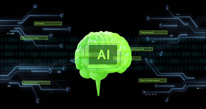 Image of binary coding data processing over ai brain
