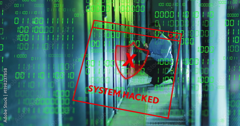 Poster image of system hacked and data processing over computer servers