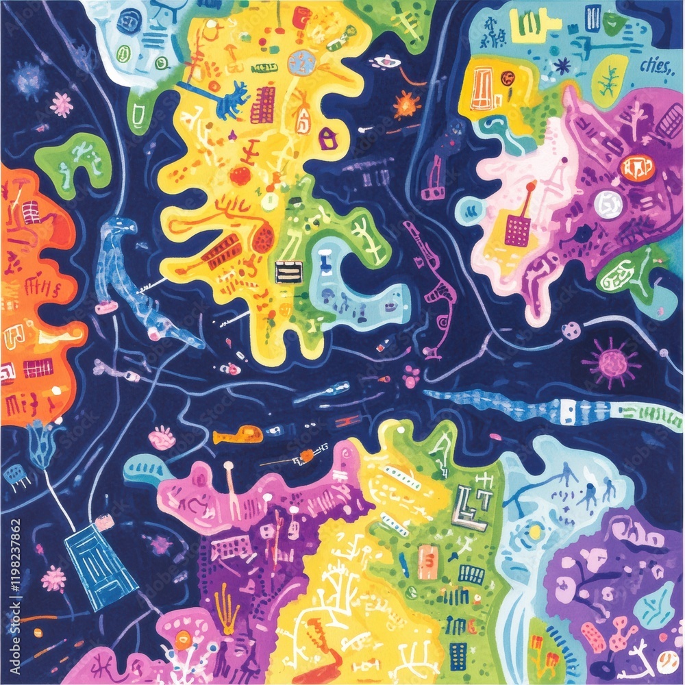 Aufkleber playful map depicting colorful bacteria colonies labeled as imaginative cities in a fun and vibrant 