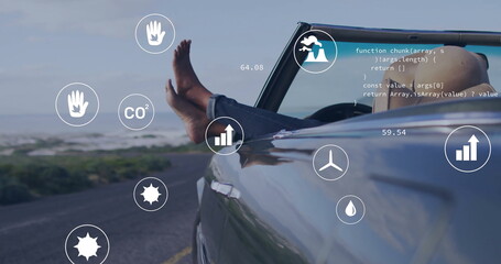 Environmental data and sustainability image over person relaxing in car by beach