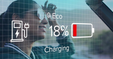 Charging image over person driving electric vehicle with eco-friendly indicators