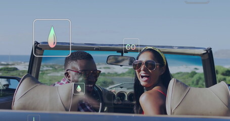 Driving convertible by beach, couple enjoying vacation with travel image