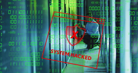 Image of system hacked and data processing over computer servers