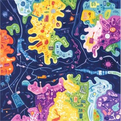 Obraz premium Playful map depicting colorful bacteria colonies labeled as imaginative cities in a fun and vibrant layout. Generative AI