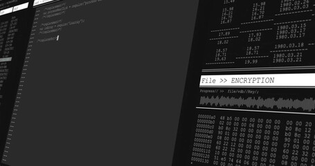 File encryption progress image over computer code and binary data