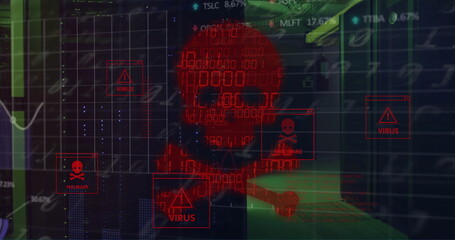 Image of skull and bones and data processing over computer servers