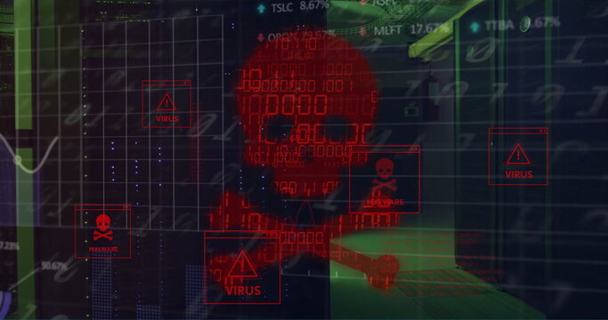 Image of skull and bones and data processing over computer servers - Powered by Adobe