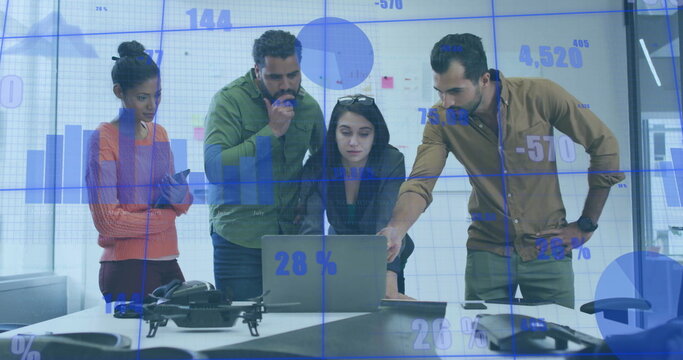 Financial data processing image over diverse business team discussing in office