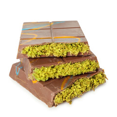 Pieces of Dubai chocolate bars with pistachio and knafeh isolated on white
