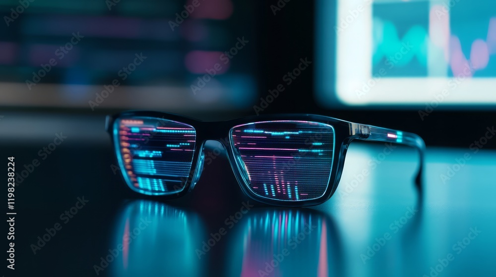 Poster futuristic glasses with digital data display reflecting colorful code and charts, symbolizing techno