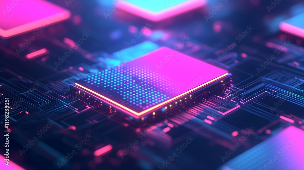 Aufkleber abstract close-up of a vibrant neon microchip on a modern circuit board with glowing patterns, repre