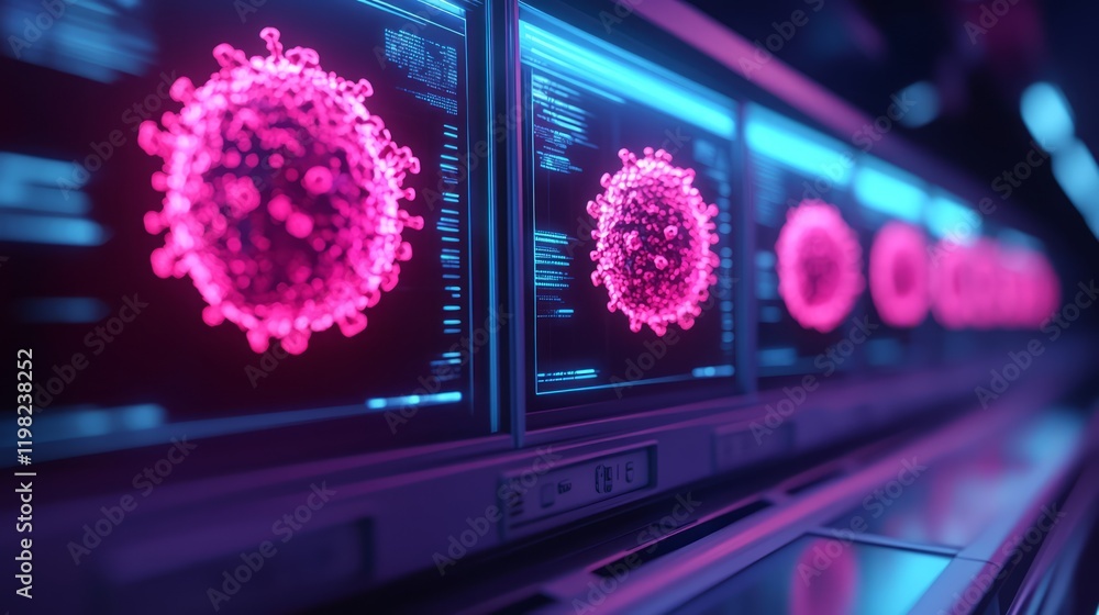 Poster digital visualization of virus particles on high-tech displays in a laboratory environment with neon