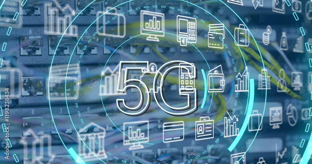 Poster image of 5g text, digital data processing over computer servers