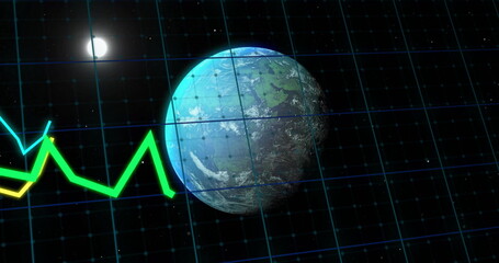 Image of data processing over globe and clouds