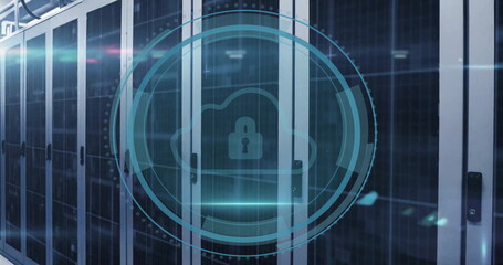 Image of cyber security text and scanner with cloud with padlock icon over server room