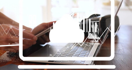 Image of financial data processing over caucasian woman using tablet