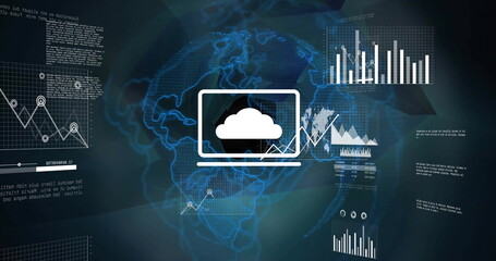 Image of digital data processing over globe on dark background