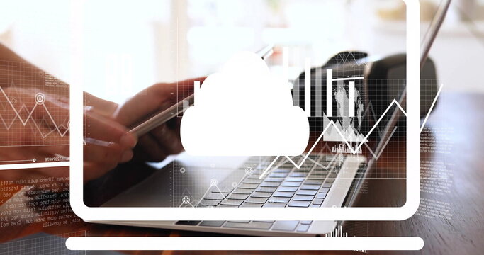 Image of financial data processing over caucasian woman using tablet