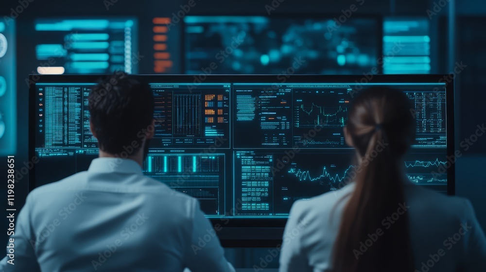 Poster professionals analyzing data on large monitors in modern office, utilizing advanced technology for r