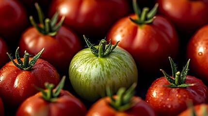 Green Tomato Highlighted Among Red Tomatoes in Fresh and Organic Vegetable Display : Generative AI