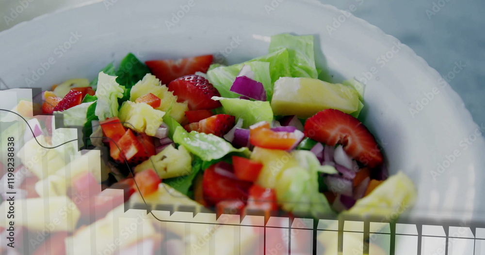Poster image of data processing and diagrams over fresh fruit salad