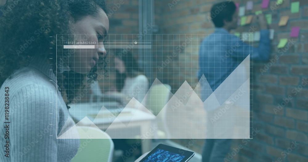 Poster image of data processing and diagrams over diverse business people discussing work