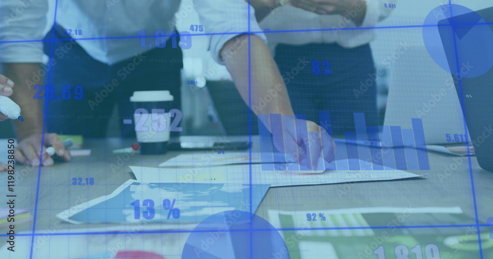 Poster image of data processing and diagrams over diverse business people discussing work