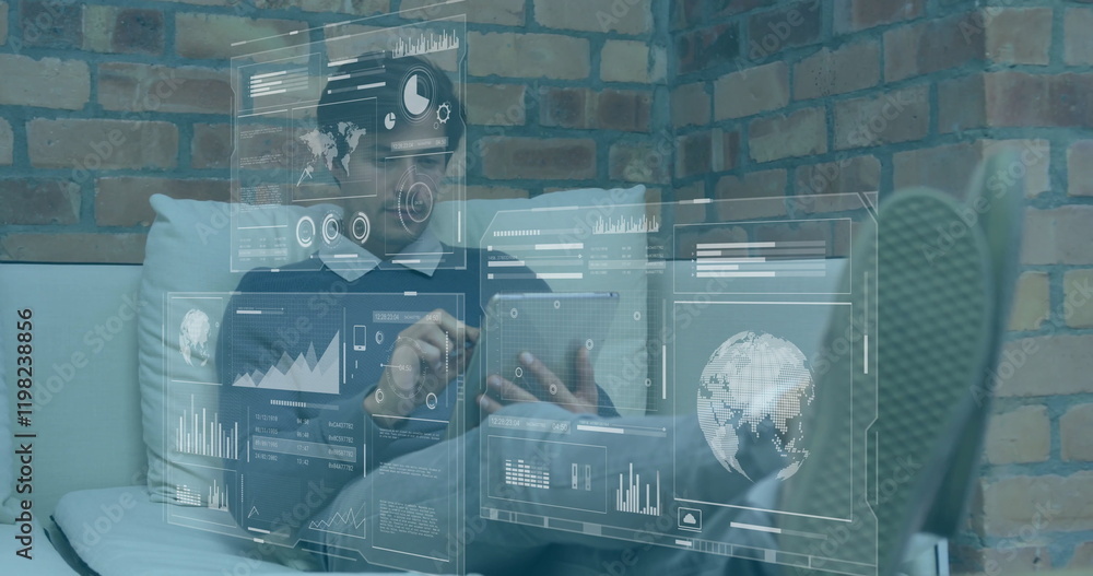 Poster image of data processing and diagrams over caucasian businessman using tablet