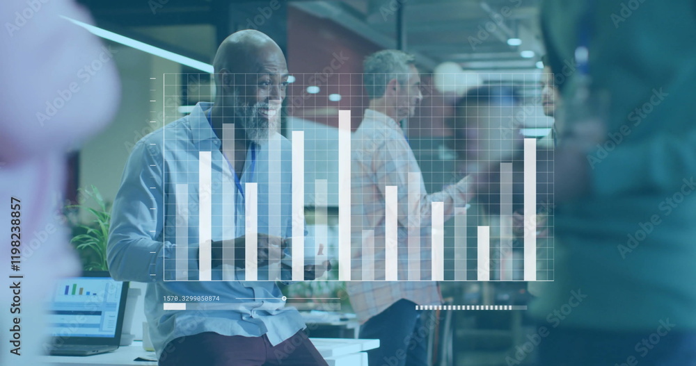 Aufkleber image of data processing and diagrams over diverse colleagues during break in office