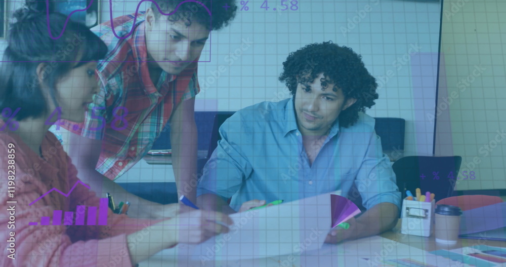 Poster image of data processing and diagrams over diverse colleagues discussing work in office