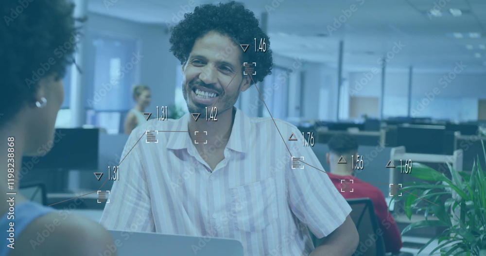 Aufkleber image of data processing and diagrams over biracial colleagues discussing work in office