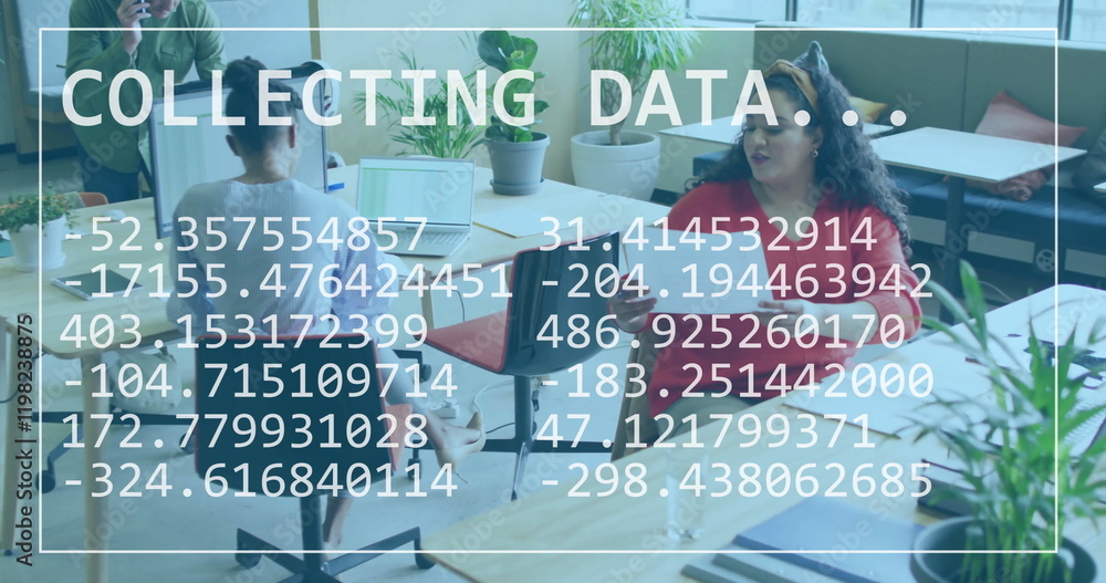 Poster image of data processing and white frame over biracial colleagues discussing work in office