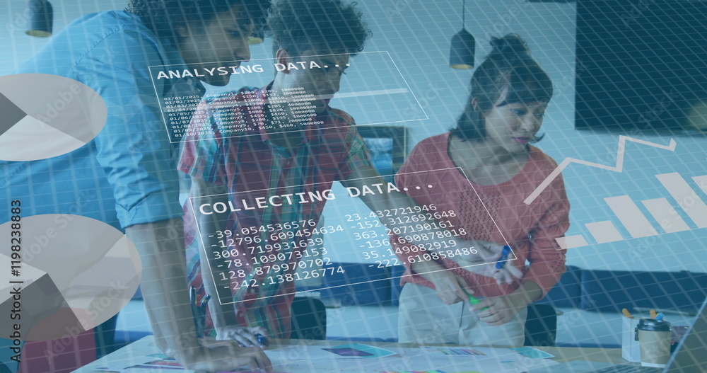 Poster image of data processing and diagrams over diverse colleagues discussing work in office