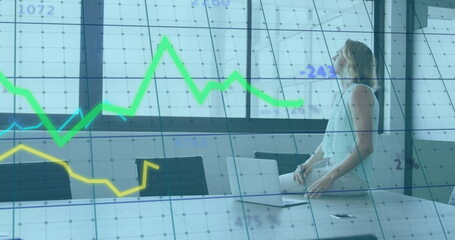 Image of data processing and diagrams over caucasian businesswoman thinking