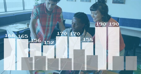 Image of data processing and diagrams over diverse colleagues discussing work in office