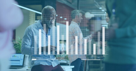 Image of data processing and diagrams over diverse colleagues during break in office