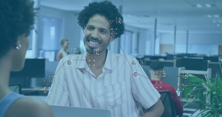 Image of data processing and diagrams over biracial colleagues discussing work in office