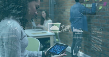 Image of data processing and diagrams over diverse business people discussing work