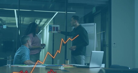 Image of diagrams over diverse colleagues discussing work in office